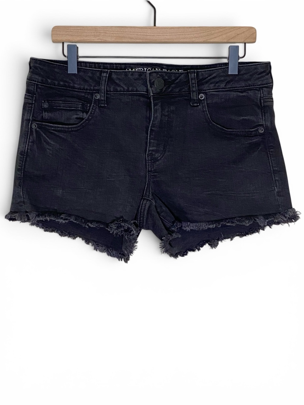 American Eagle Black Cutoff Denim Shorts Super Low Shortie Frayed Hem Size 14